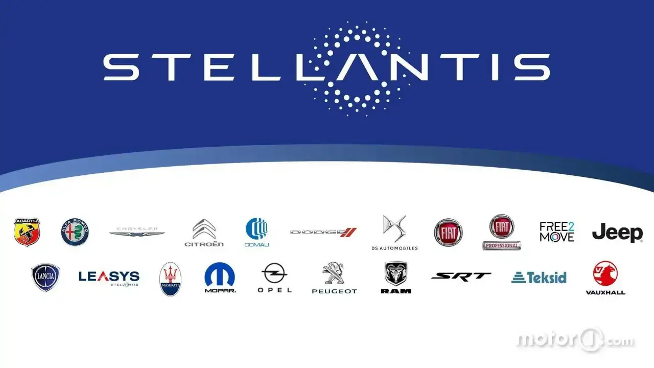 Loghi dei marchi del gruppo Stellantis: Abarth, Alfa Romeo, Chrysler, Citroën, Comau, Dodge, DS Automobiles, Fiat, Fiat Professional, Free2Move, Jeep, Lancia, Leasys, Maserati, Mopar, Opel, Peugeot, Ram, SRT, Teksid, Vauxhall.