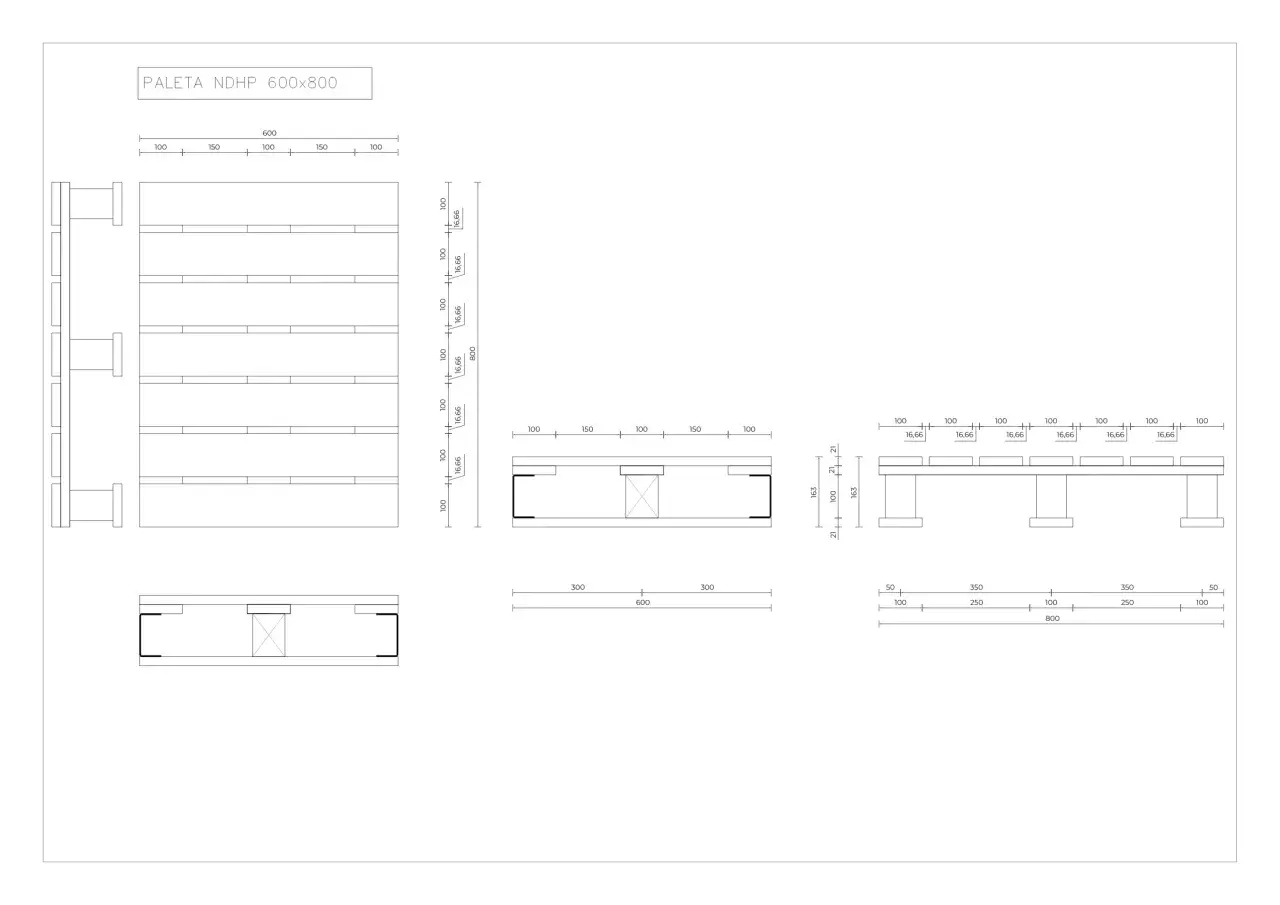 Rysunek techniczny przedstawia wymiary półpalety 600x800 mm, z podziałką i wymiarami poszczególnych elementów.