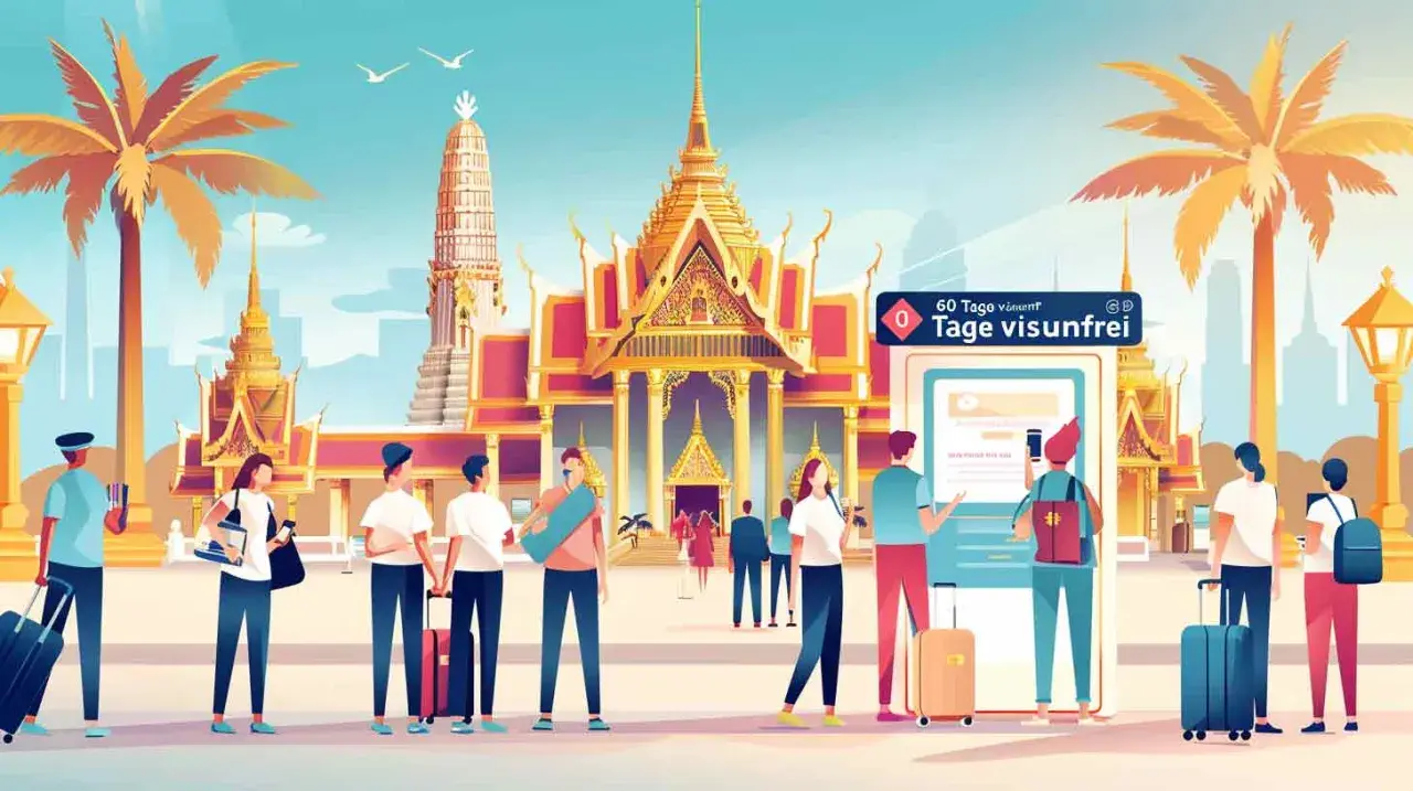 Touristen freuen sich auf Thailand 60 Tage ohne Visum. Palmen, Tempel und ein Willkommensbildschirm.