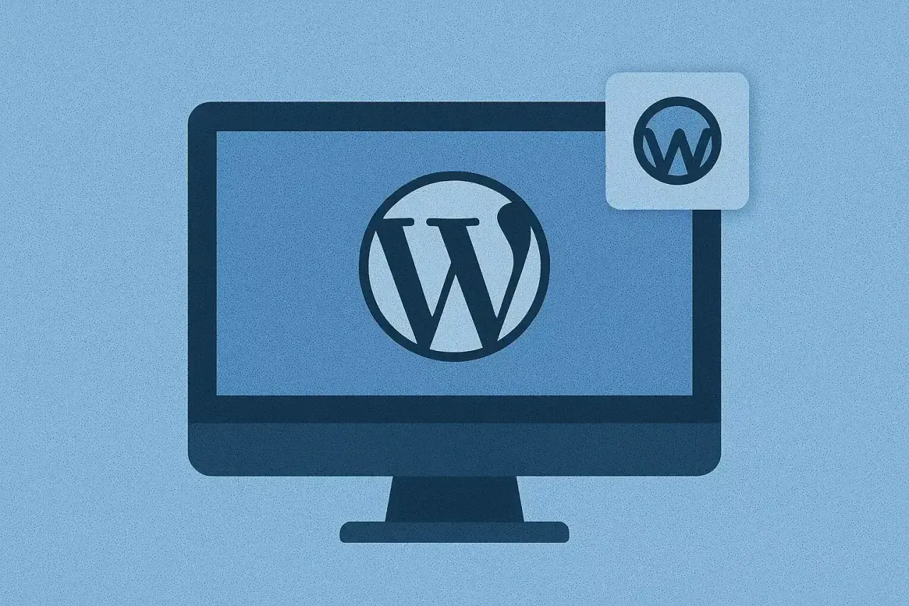 Monitor z logo WordPress i małym, kwadratowym okienkiem z ikoną wordpress favicon.