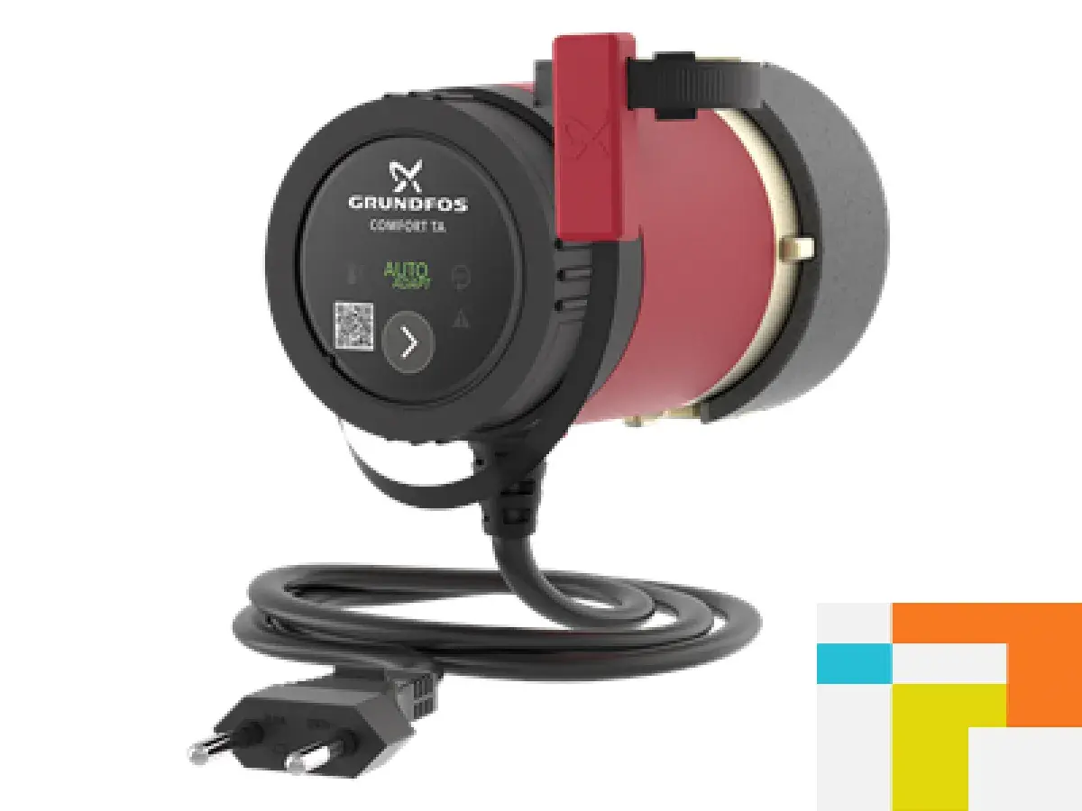 Pompa obiegowa Grundfos Comfort 15-14 B PM z cyfrowym wyświetlaczem i kablem zasilającym.