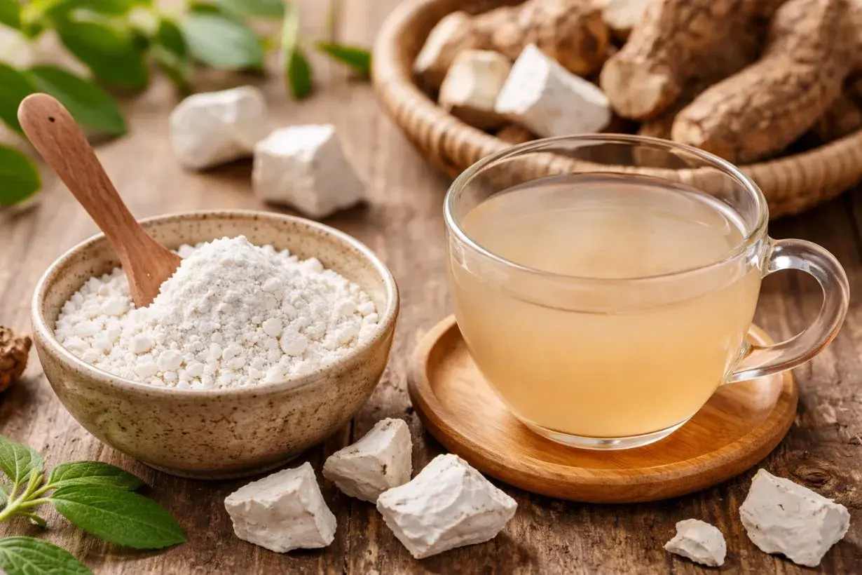 Polvere bianca in una ciotola e una tazza di bevanda chiara, ingredienti naturali per il reflusso.