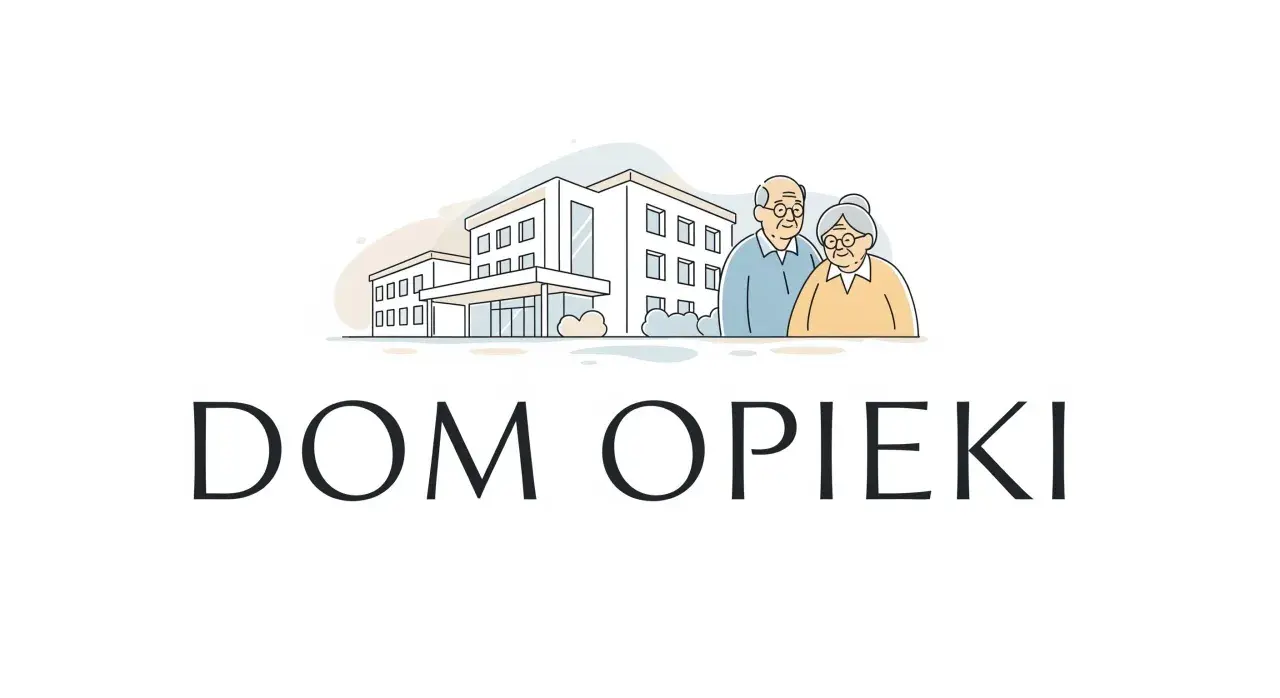 Ilustracja domu opieki z parą starszych ludzi i napisem "DOM OPIEKI".