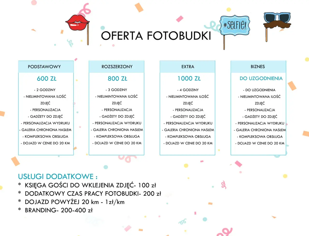 Oferta fotobudki: pakiet podstawowy 600 zł, rozszerzony 800 zł, extra 1000 zł. Sprawdź, ile kosztuje fotobudka na Twoje wydarzenie!