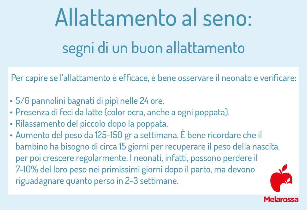 Segni di un buon allattamento: pannolini bagnati, feci da latte, rilassamento e aumento di peso. Un momento in allattamento sereno per mamma e neonato.