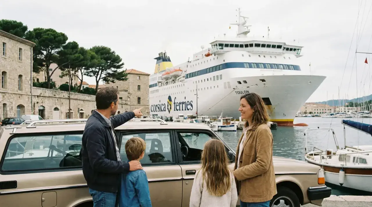 Famille devant un ferry Corsica Ferries, discutant du prix du ferry Corse pour camping-car.