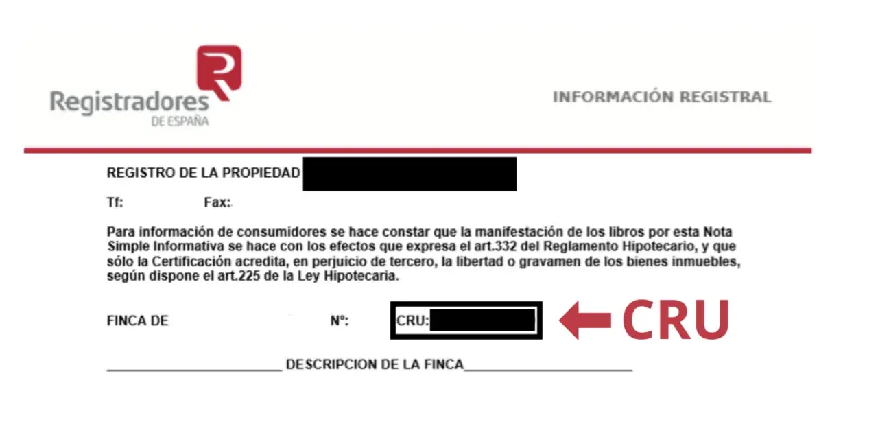 Documento del Registro de la Propiedad con información sobre una finca. Se indica el CRU, que es un código identificador.