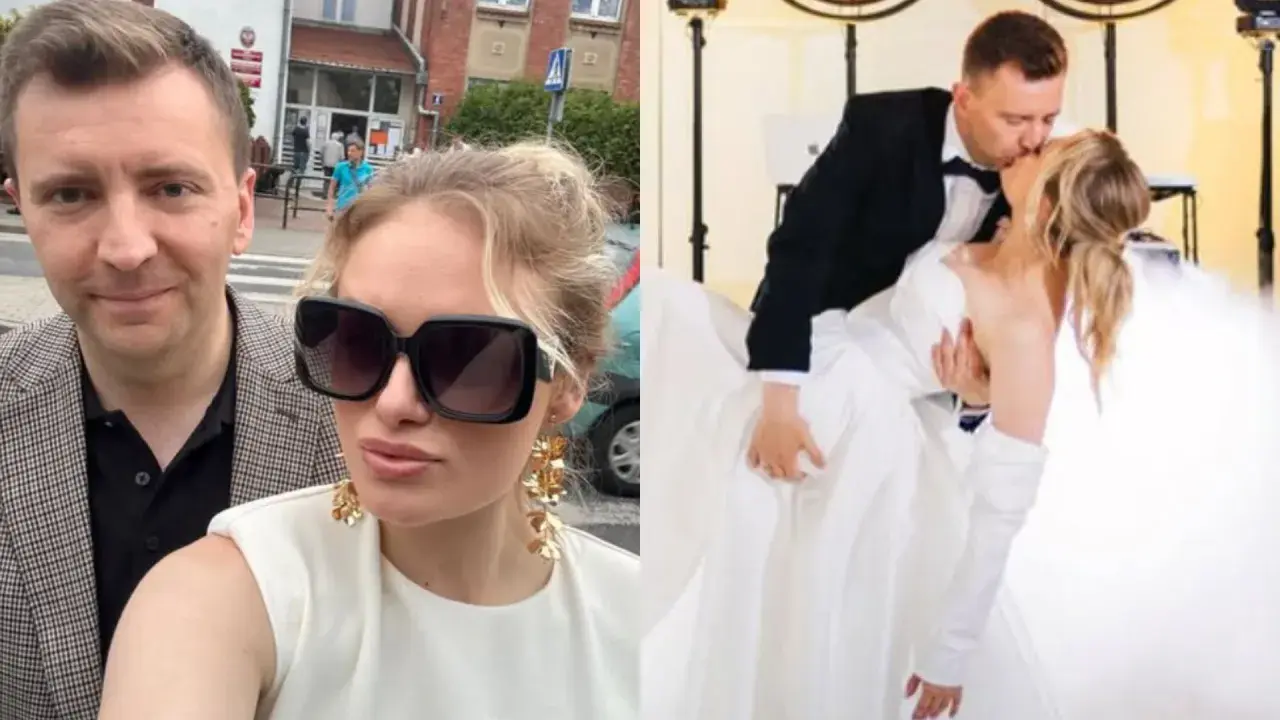 Łukasz Grabarczyk i jego żona w dniu ślubu. Para całuje się na parkiecie, otoczona mgłą.