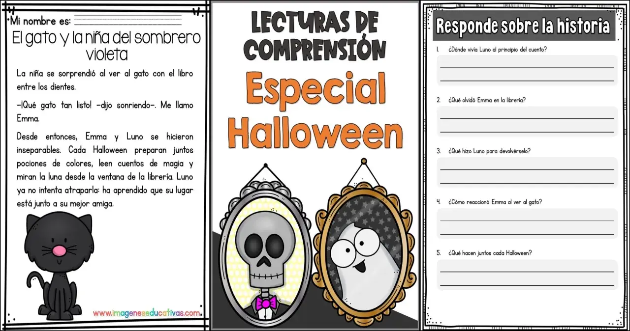 Un gato negro y una niña celebran Halloween. Actividad de comprensión lectora con preguntas sobre la historia de Emma y Luno.