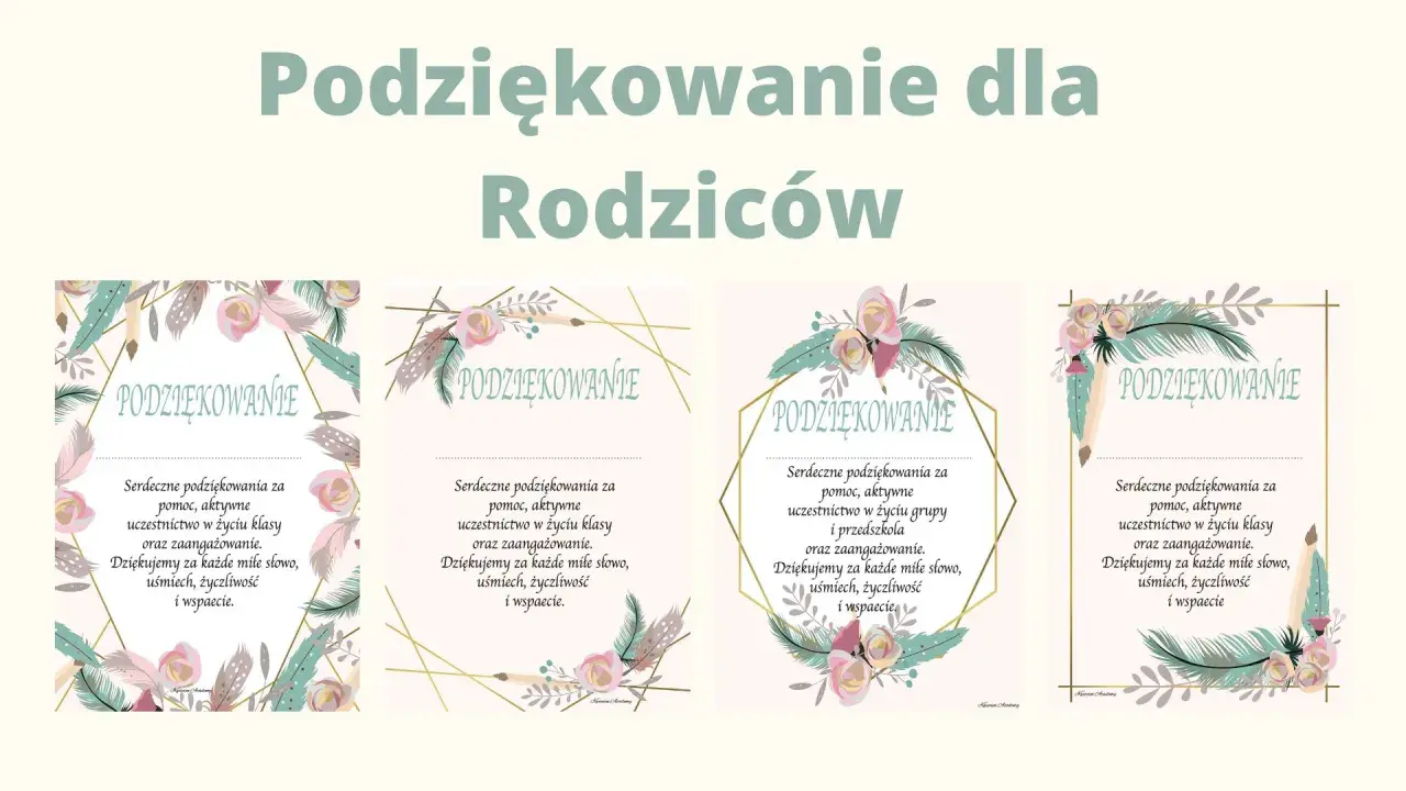 Wzór podziękowania dla rodziców za współpracę, z motywem piór i kwiatów. Dziękujemy za pomoc, aktywność i zaangażowanie.