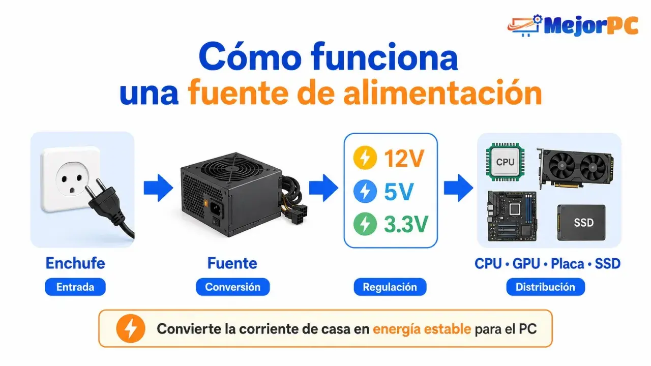 Diagrama muestra cómo la fuente de alimentación de un ordenador convierte la corriente de casa en energía estable para CPU, GPU, placa y SSD.