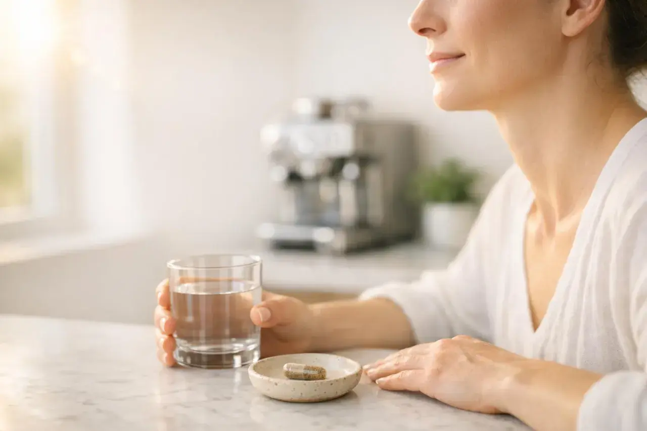 Donna con bicchiere d'acqua e capsula di ashwagandha. Il momento giusto per assumerla? Scopri quando prenderla per massimizzare i benefici.