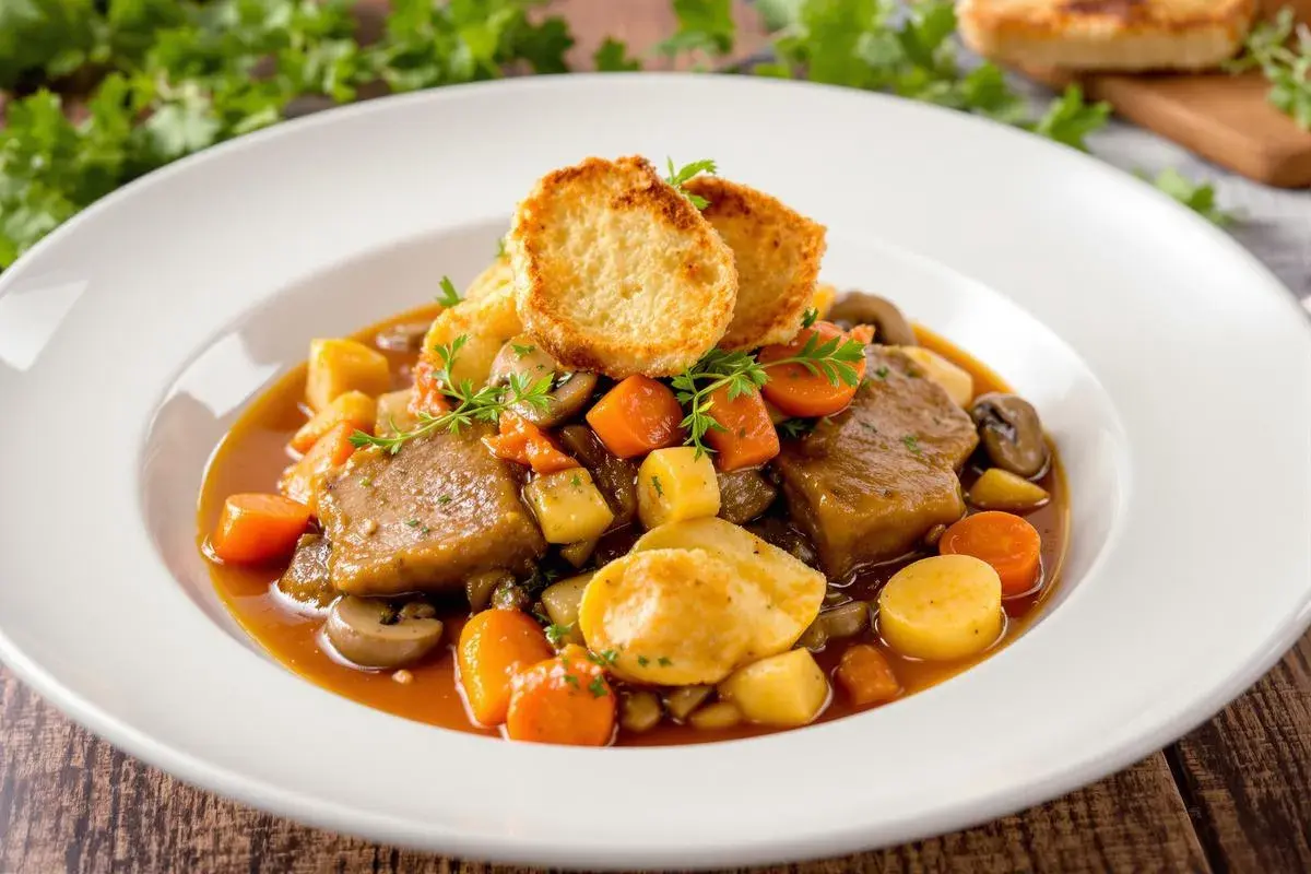 Un plat réconfortant de veau marengo, mijoté avec des carottes, des pommes de terre et des champignons, garni de croûtons croustillants.