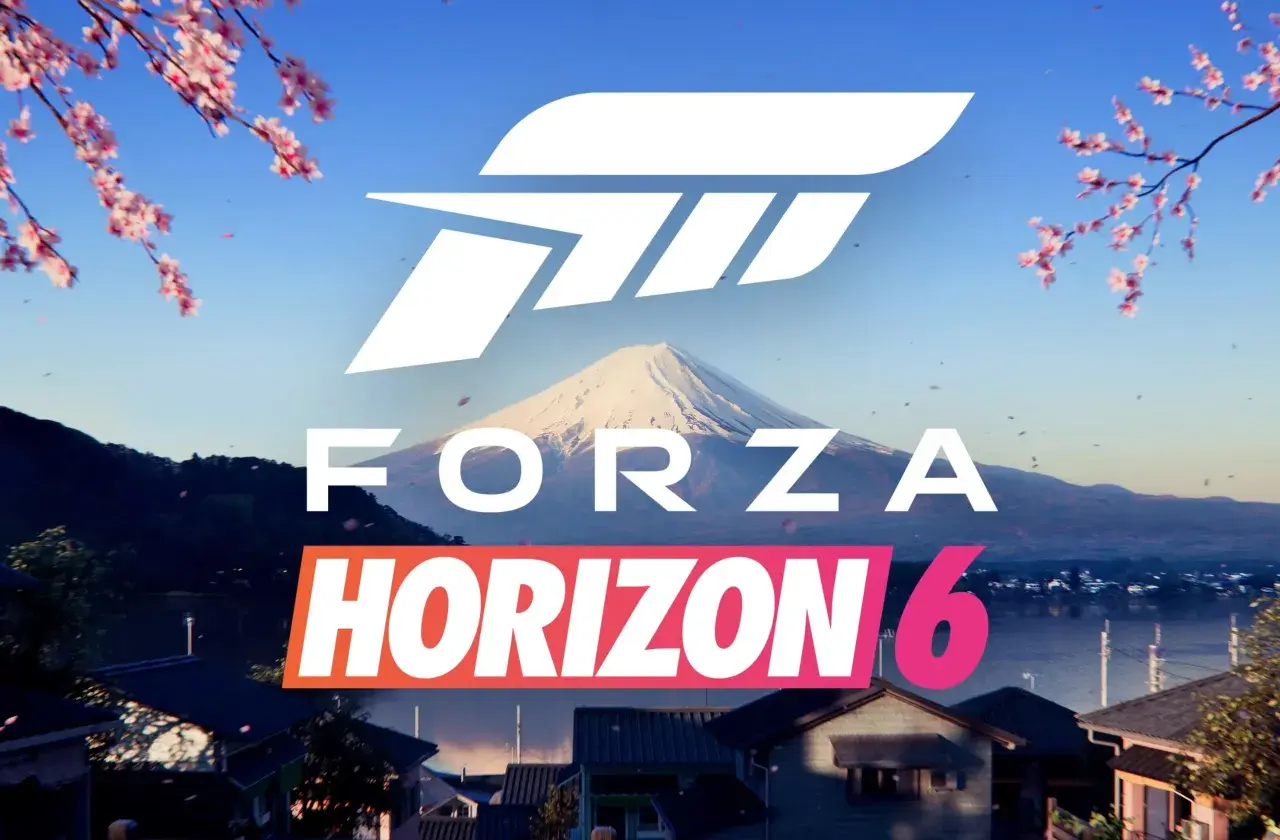 Logo Forza Horizon 6 na tle góry Fudżi i kwitnących wiśni. Gra dostępna na PS5.