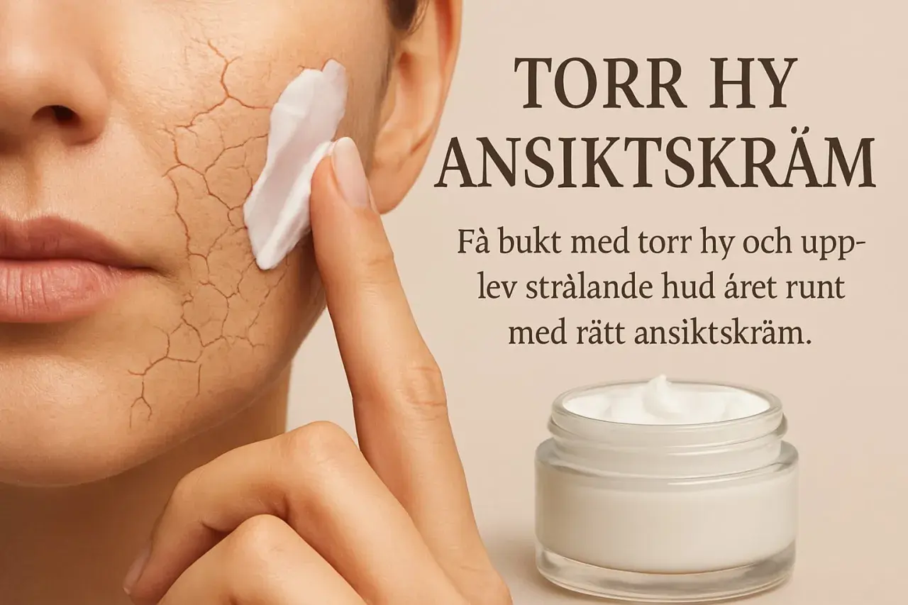 En kvinna applicerar ansiktskräm på sin torra hy. Texten lyder "Torr hy ansiktskräm".