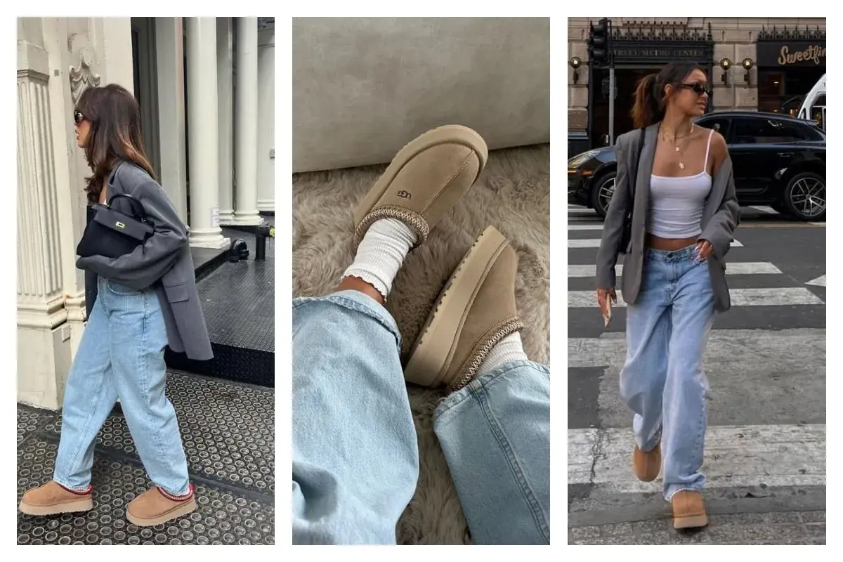 Trois looks pour savoir comment porter des mules UGG avec style : jean large, blazer et sac chic, ou chaussettes douillettes pour un confort maximal.