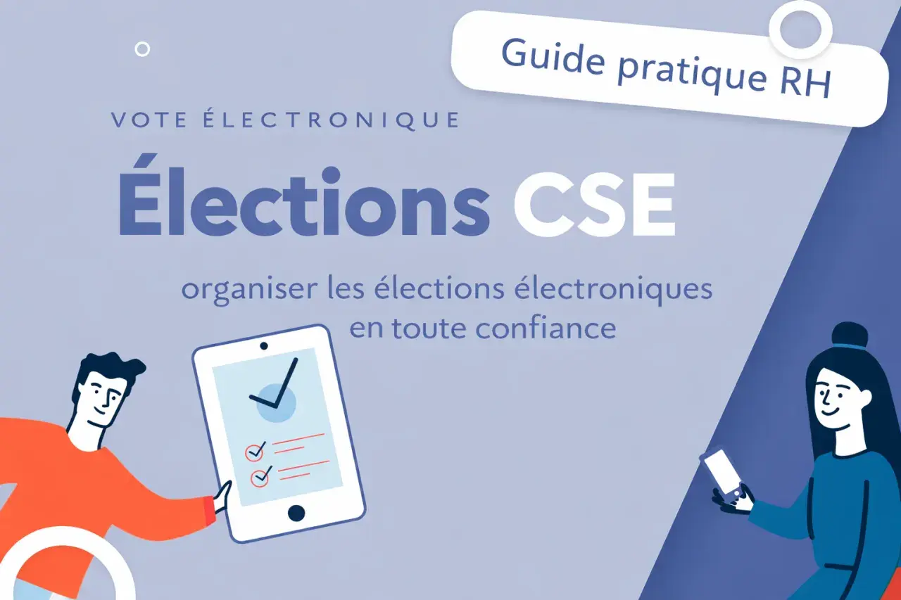 Guide pratique RH pour organiser les élections électroniques CSE. Une illustration moderne avec des personnages et une tablette, symbolisant l'unité économique et sociale.