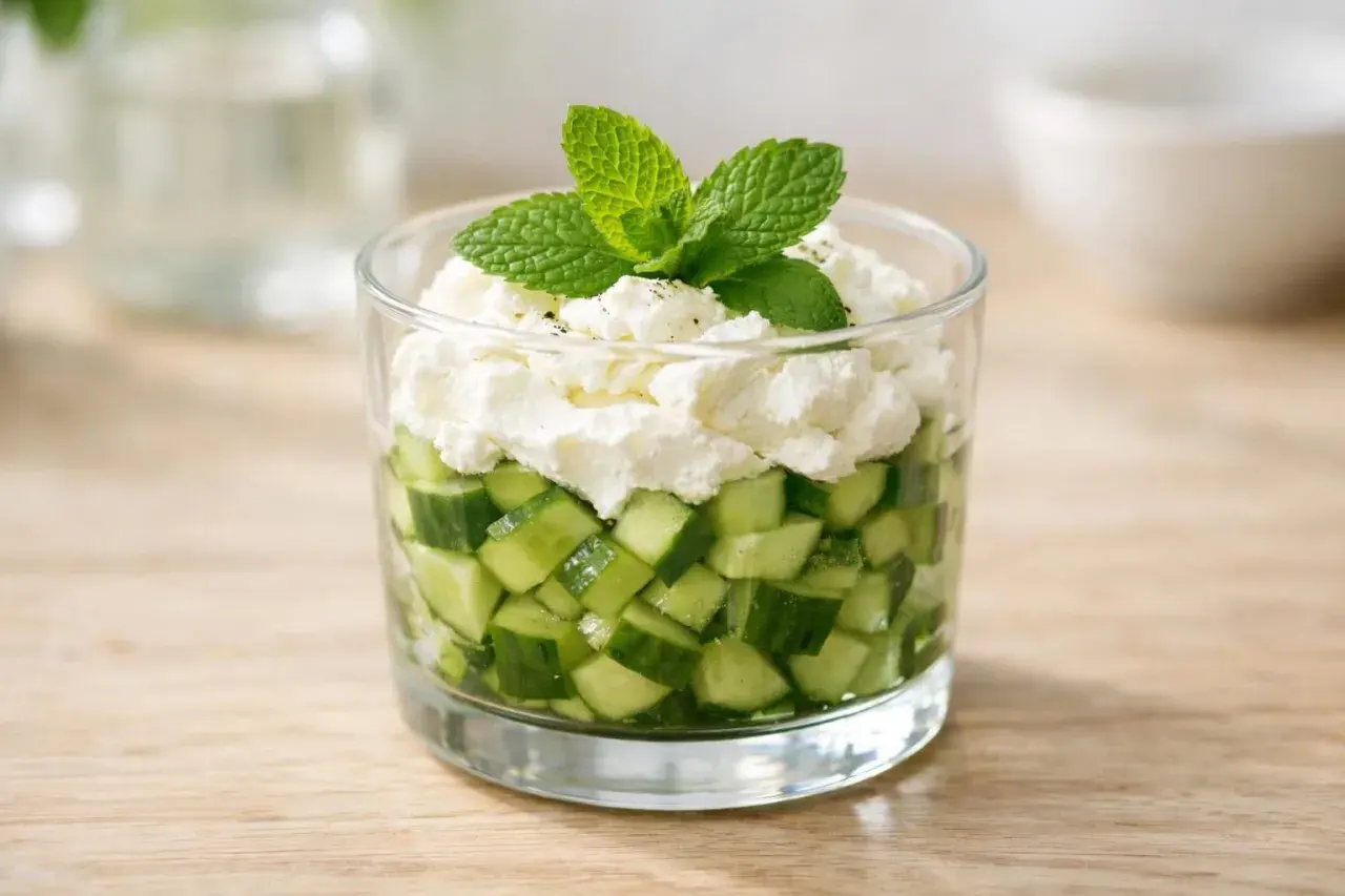 Une délicieuse entrée froide : dés de concombre frais et crémeux, surmontés de fromage blanc et d'une touche de menthe.