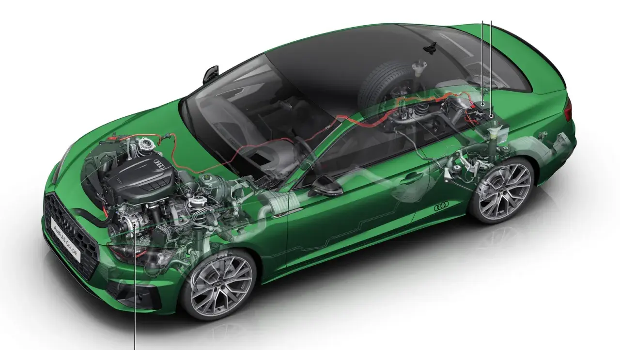 Przekrój zielonego Audi A5 Coupé ukazujący silnik, układ napędowy i elementy zawieszenia. To przykład miękkiej hybrydy, gdzie technologia wspiera tradycyjny silnik.