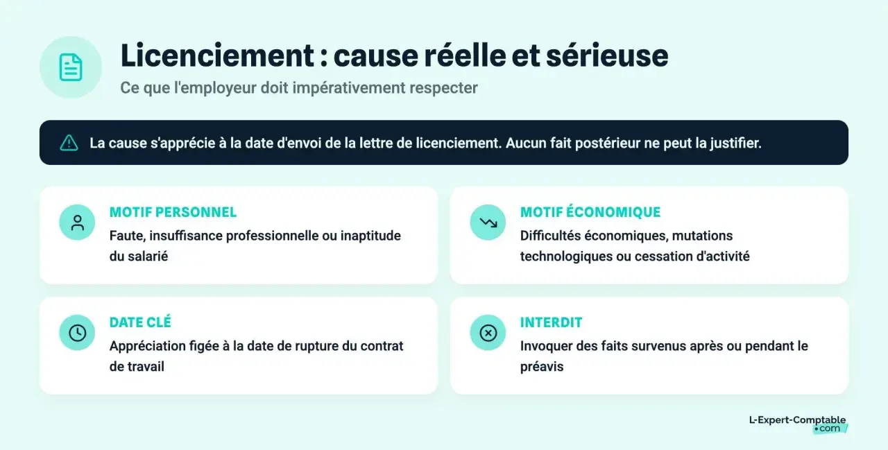 Licenciement : cause réelle et sérieuse. Motifs personnels (faute, inaptitude) ou économiques (difficultés, mutations). La cause s'apprécie à la date d'envoi de la lettre.