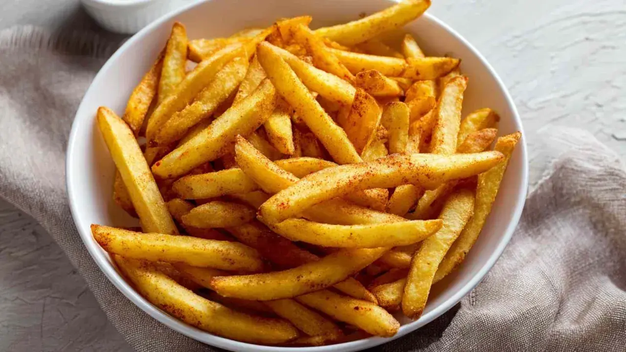 Chrupiące frytki z airfryer, posypane przyprawami, w białej misce. Idealna przekąska na szybki obiad.
