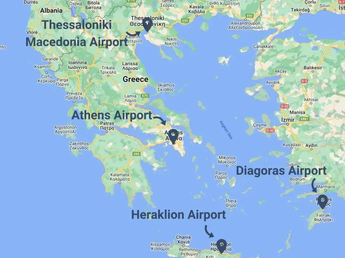 Mapa Grecji z zaznaczonymi lotniskami: Macedonia Airport, Athens Airport, Diagoras Airport, Heraklion Airport.