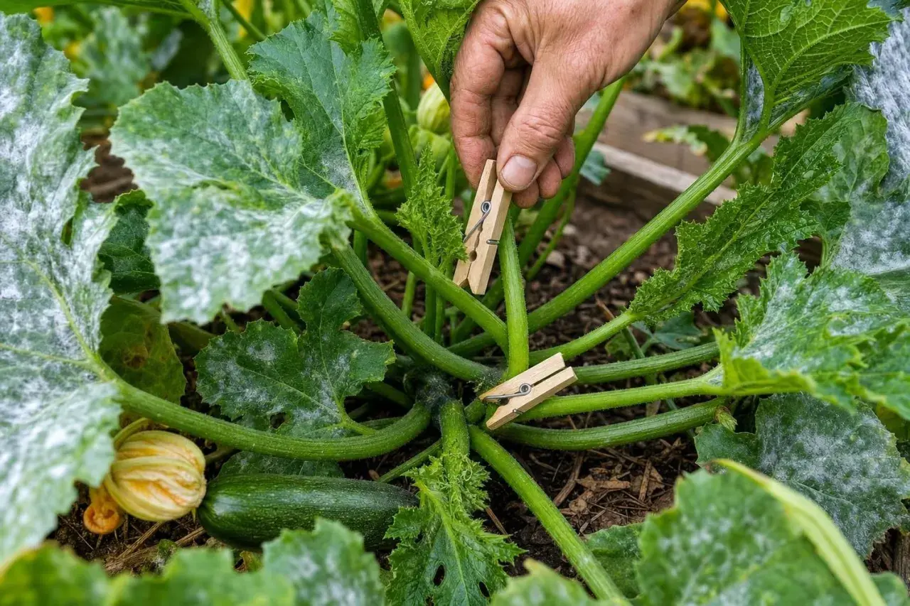 Main d'un jardinier plaçant des pinces à linge sur une courgette atteinte d'oidium. Les feuilles sont couvertes d'une poudre blanche.