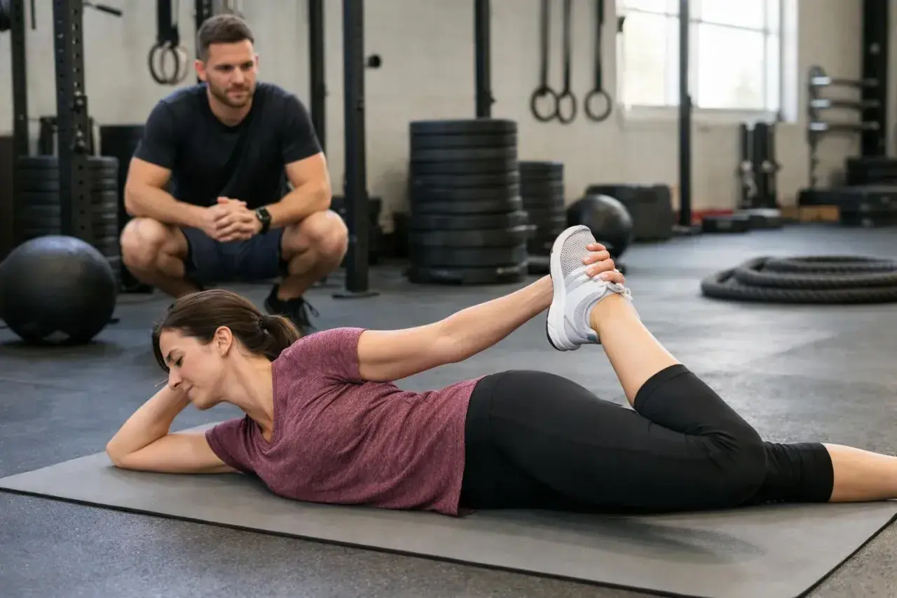 Femme en plein étirement quadriceps sur un tapis de gym, un homme la regarde.