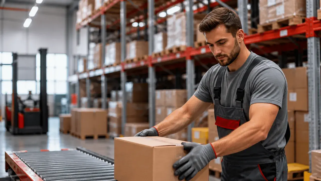 Ein Mann in Arbeitskleidung sortiert Pakete in einem Lager. Seine Hände, geschützt durch Handschuhe, greifen nach einem Karton auf einem Förderband. Dies ist typische Logistik Arbeit.