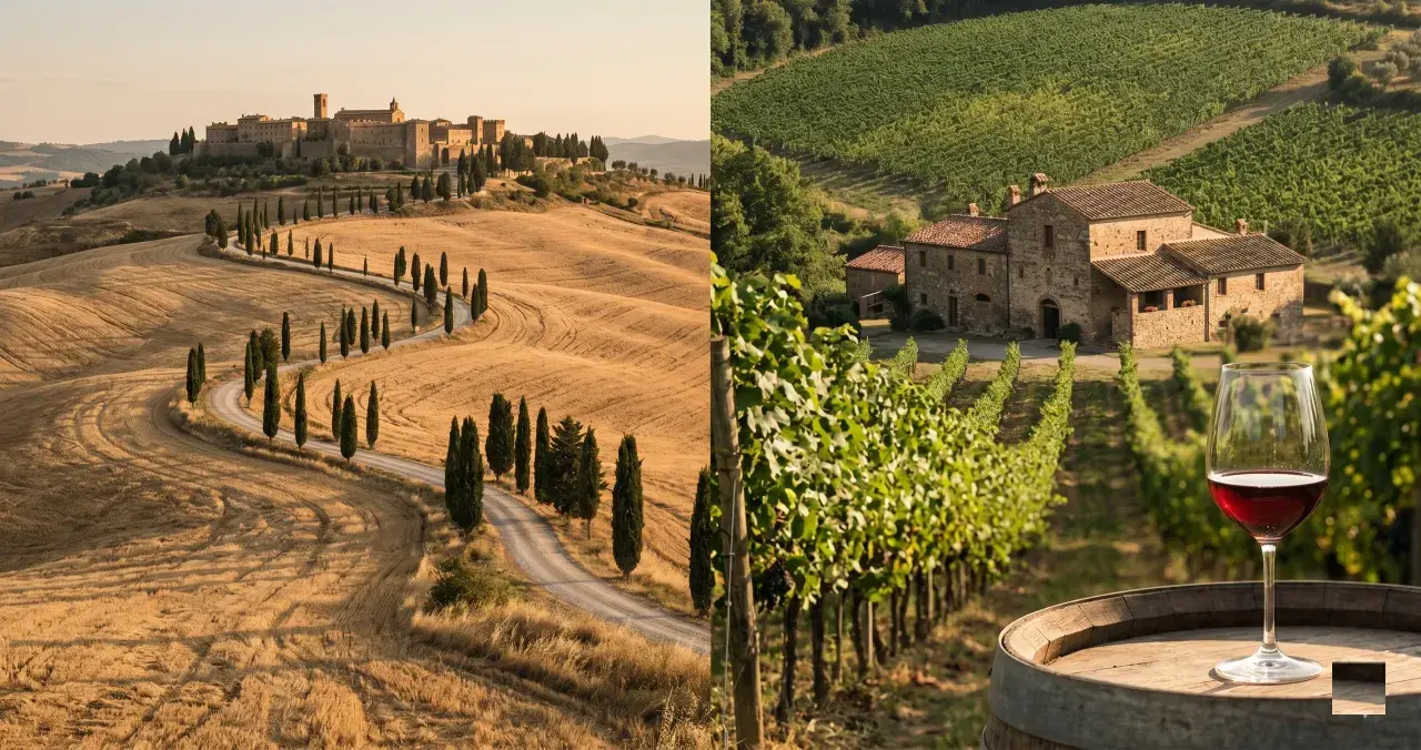 Paesaggio toscano con borgo collinare e vigneti rigogliosi, un bicchiere di vino rosso su una botte, evocando l'essenza della vinicola Chianti.