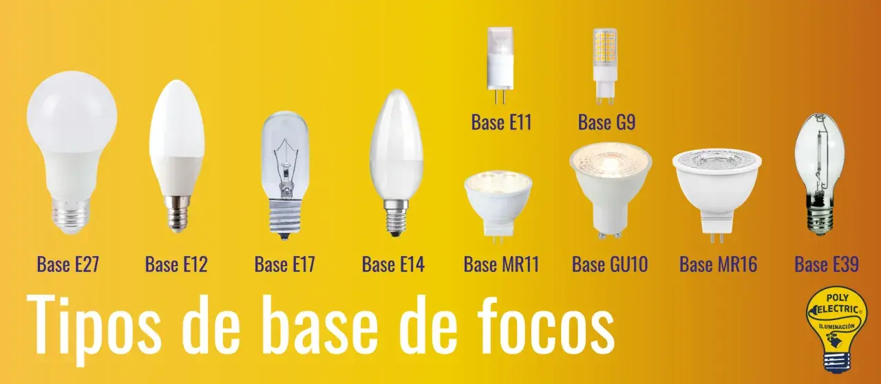 Variedad de focos con diferentes bases: E27, E12, E17, E14, E11, G9, MR11, GU10, MR16 y E39. Cada rosca bombilla es única.