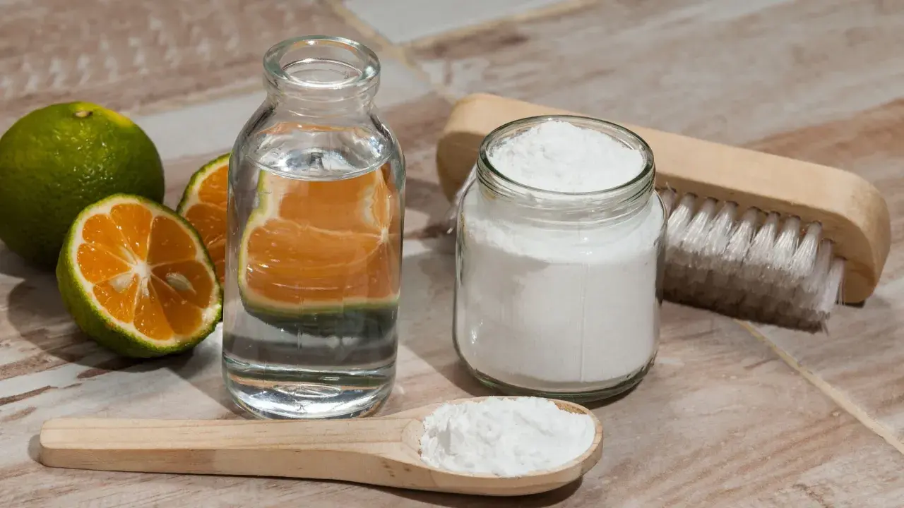 Ingrédients pour nettoyer manteau bicarbonate : citrons verts, eau, bicarbonate de soude et une brosse.