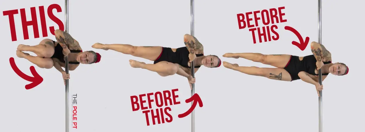 Kobieta wykonuje figury na drążku. Pokazuje progres w **iron pole dance** od trudniejszej pozycji do łatwiejszej.