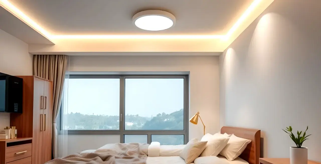 Luz cálida ilumina la habitación, destacando las lámparas de techo blancas y el ambiente acogedor.
