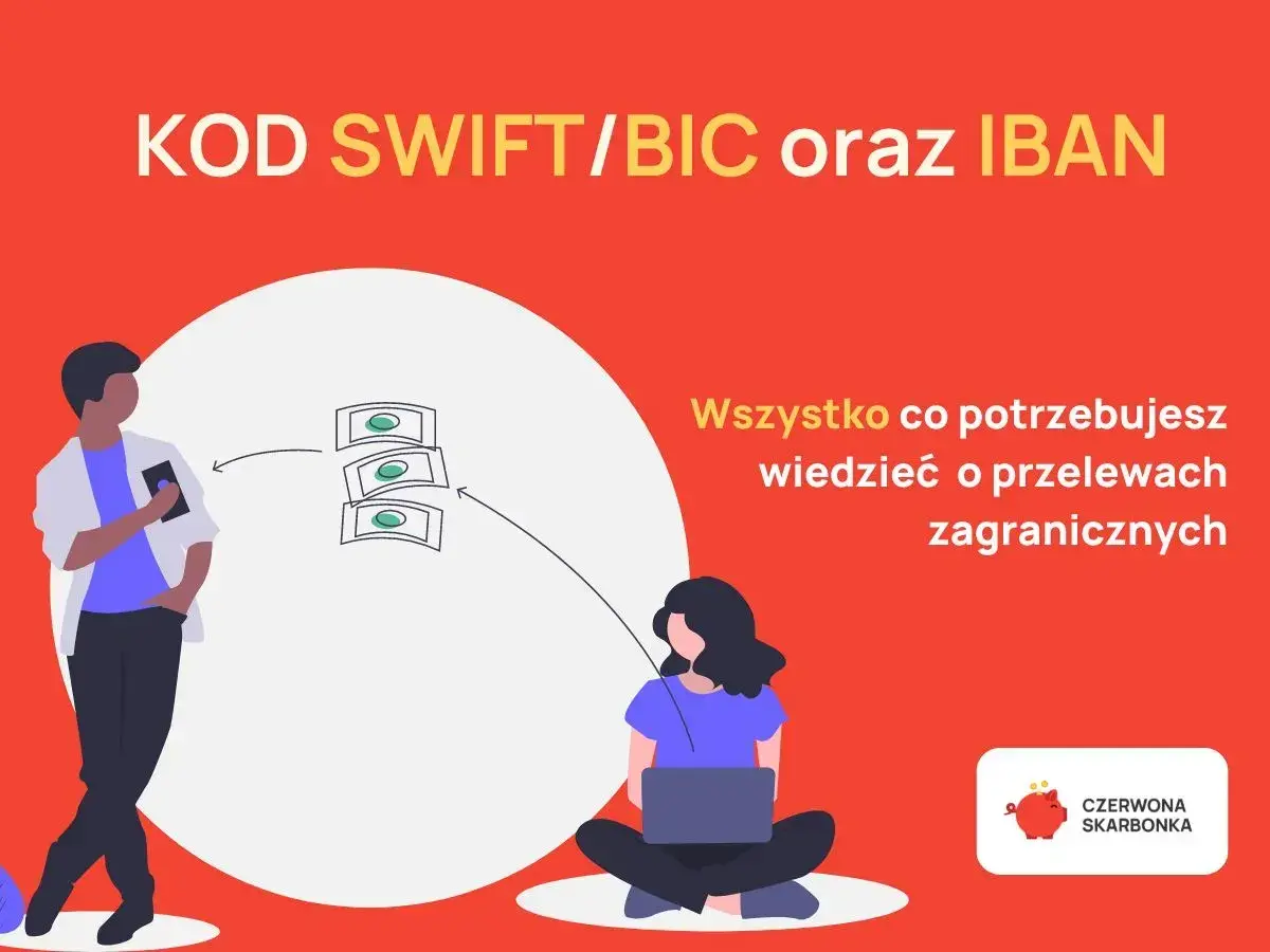 Jak znaleźć swój numer IBAN? Grafika pokazuje ludzi dokonujących przelewów zagranicznych, z informacją o kodzie SWIFT/BIC i IBAN.