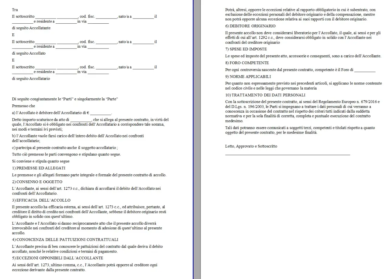 Contratto di accollo con cui l'Accollante si assume il debito dell'Accollato. Documento legale per la liberatoria mutuo.