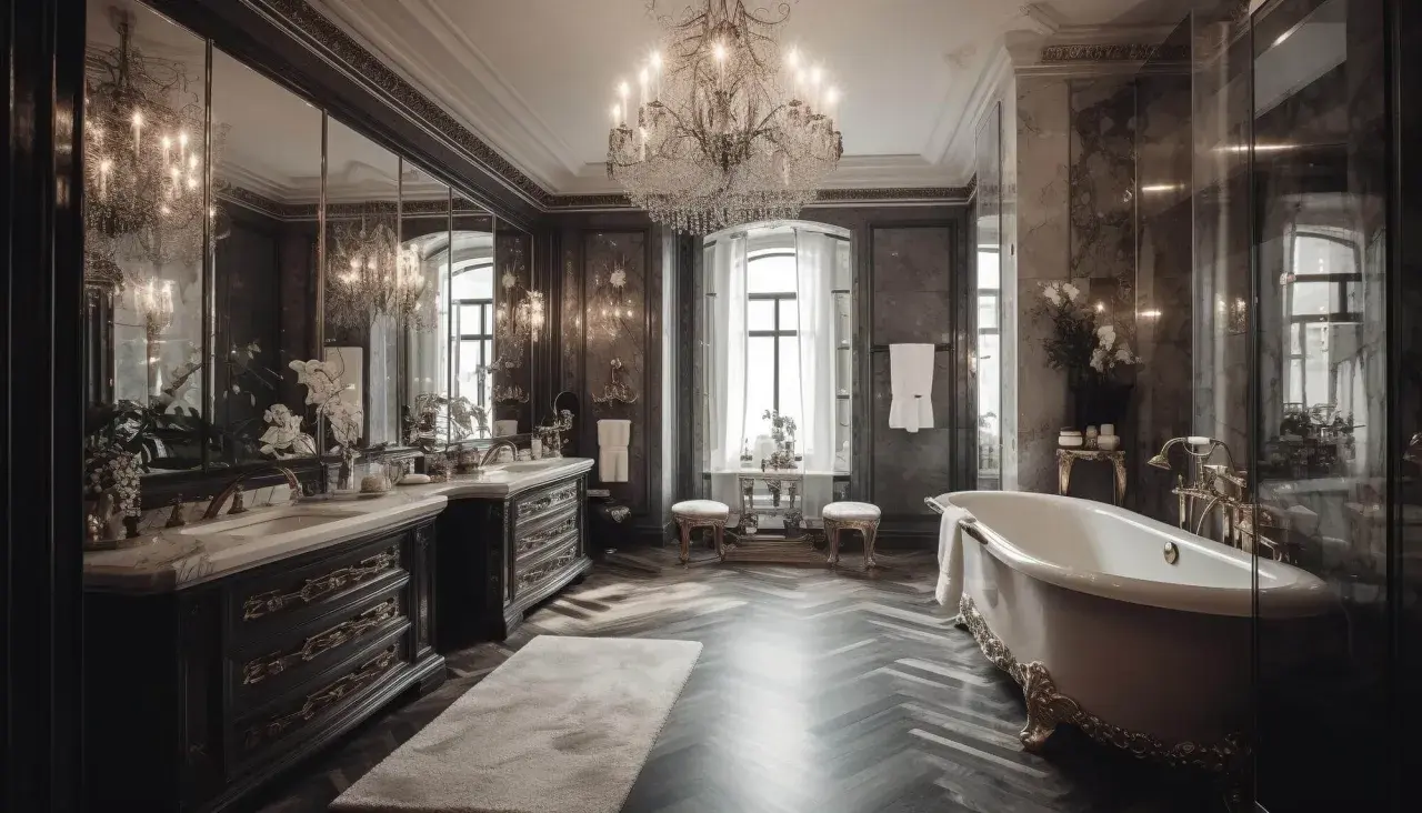 Lussuoso bagno alla francese con vasca in stile antico, doppio lavabo e grande lampadario di cristallo.