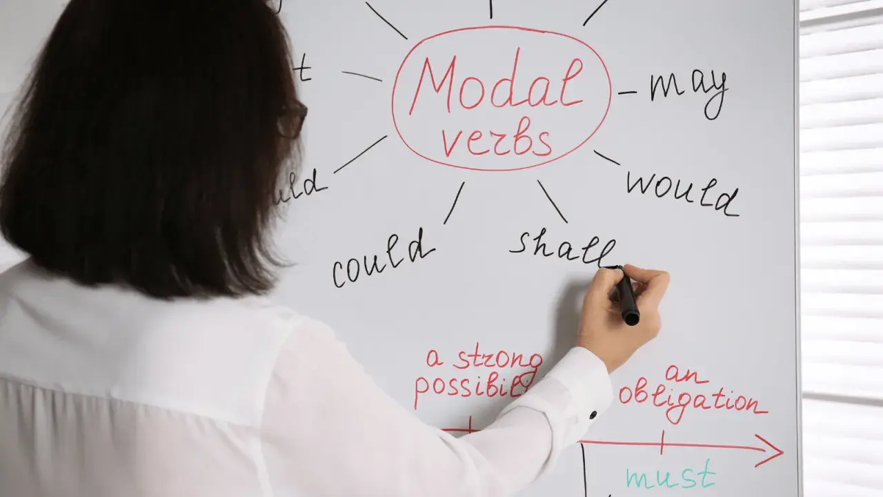 Profesora escribe "Modal verbs" y ejemplos como "may", "would", "could", "shall", "must" en una pizarra.