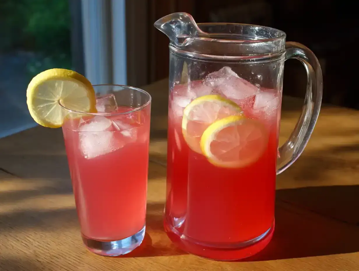Ett glas och en karaff med rabarbersaft med citron och is. Perfekt för en solig sommardag.