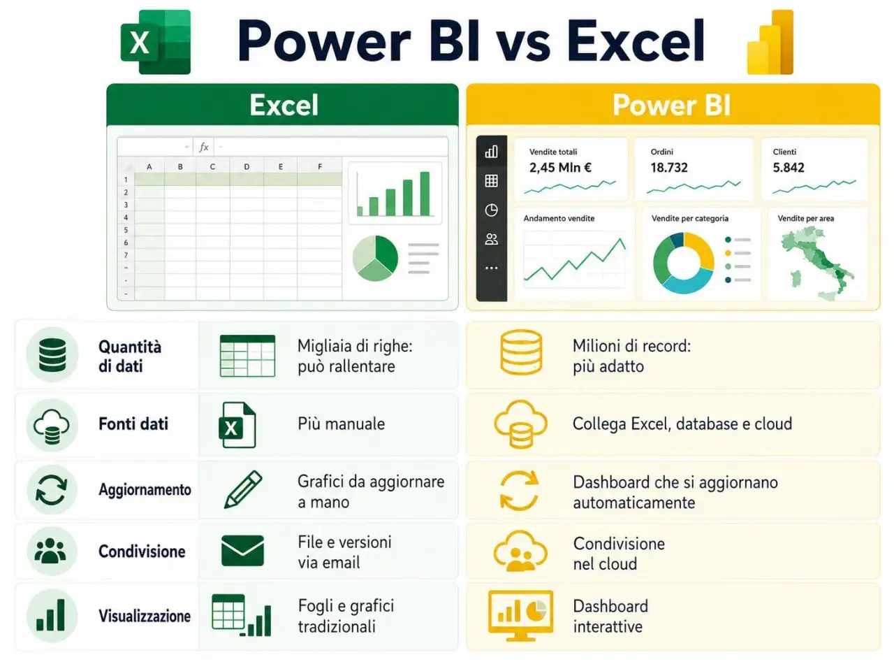 Confronto tra Excel e Power BI: gestione dati, grafici e dashboard interattive per analisi avanzate.