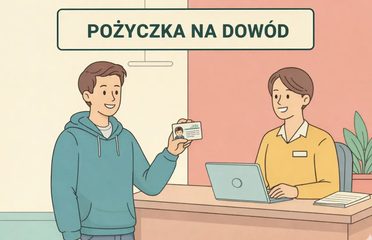 Młody mężczyzna pokazuje dowód osobisty, uśmiechnięty pracownik obsługi klienta siedzi przy biurku z laptopem. Szybka pożyczka na dowód.
