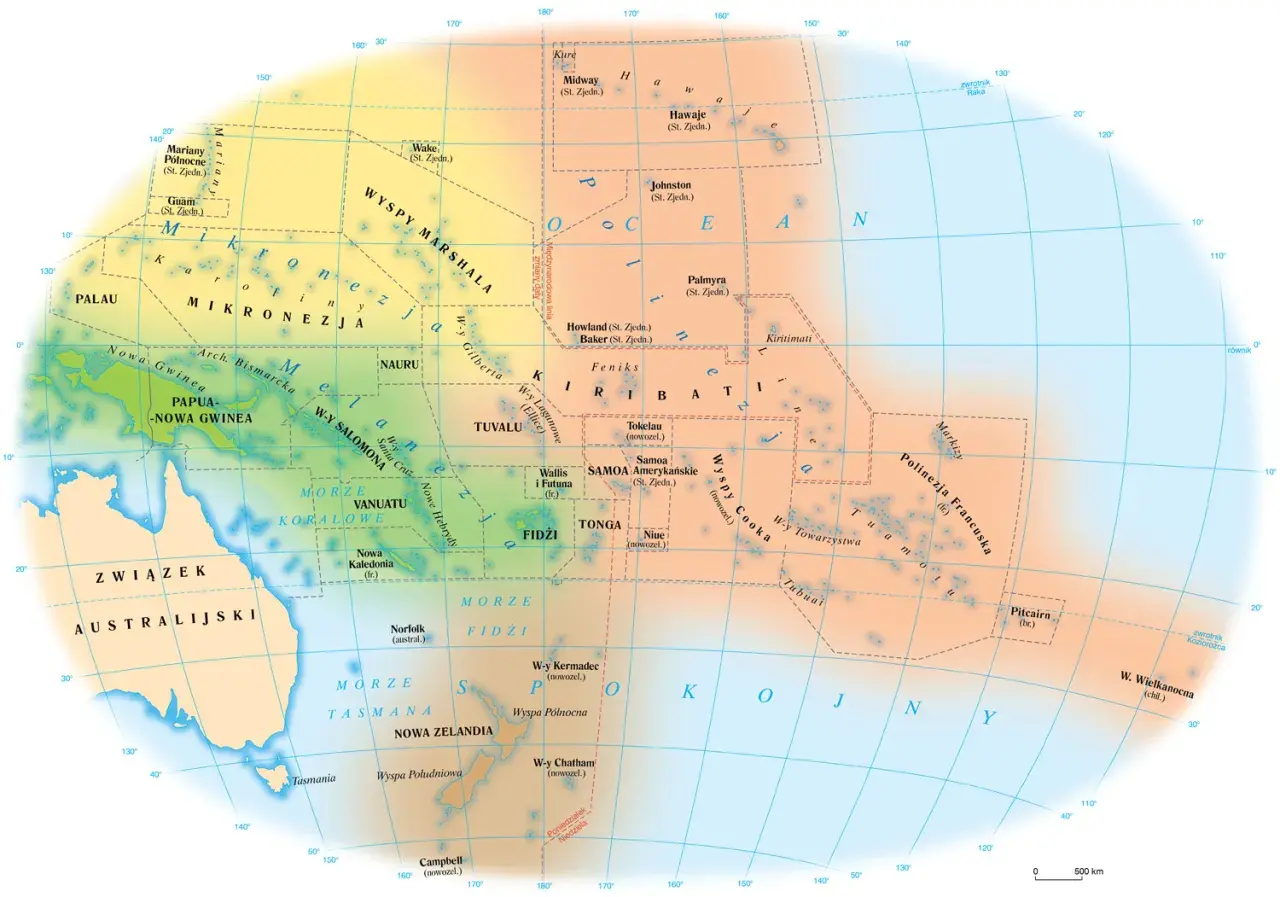 Mapa przedstawia kraje Oceanii, w tym Mikronezję, Polinezję i Melanezję, z zaznaczonymi wyspami i państwami.