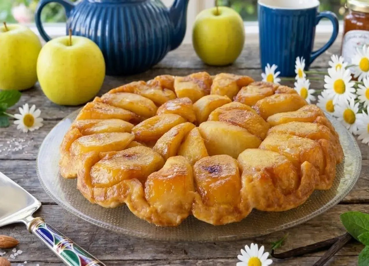 Una deliziosa tarte tatin di mele dorate, con mele fresche, una teiera blu e fiori di campo.