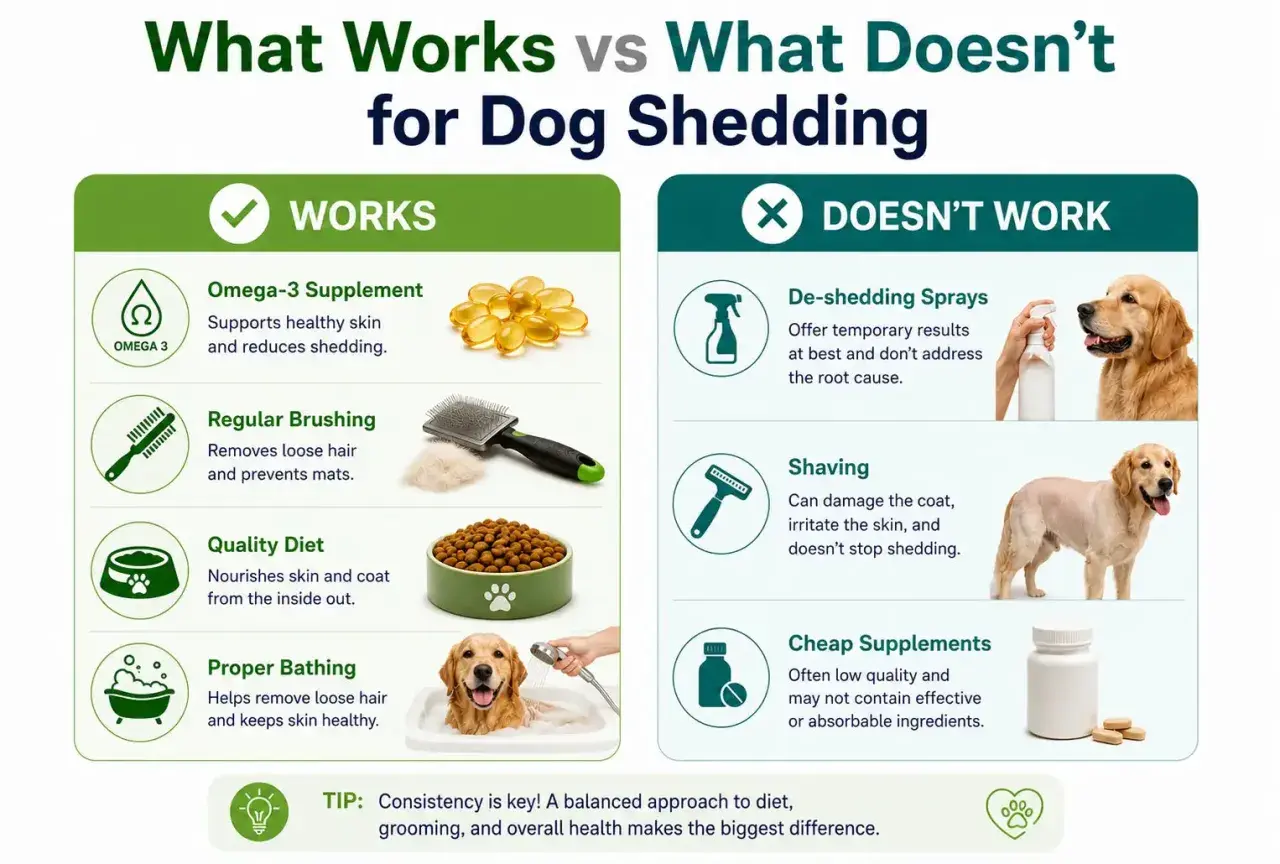 Learn why is my dog shedding so much. This infographic shows what works (Omega-3, brushing, diet, bathing) vs. what doesn't (sprays, shaving, cheap supplements).