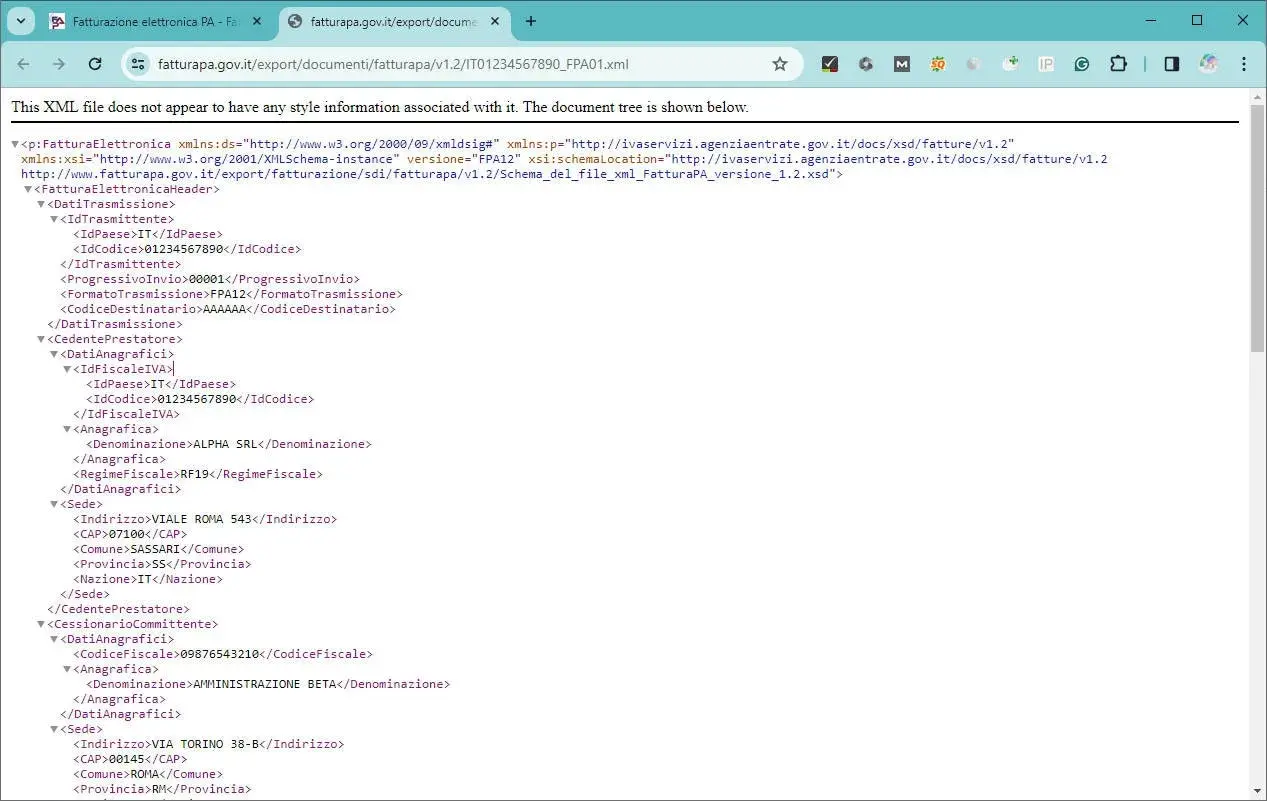 Dettagli di una fattura elettronica in formato XML, con informazioni su mittente, cessionario e dati anagrafici. L'estensione xml è fondamentale per la trasmissione.
