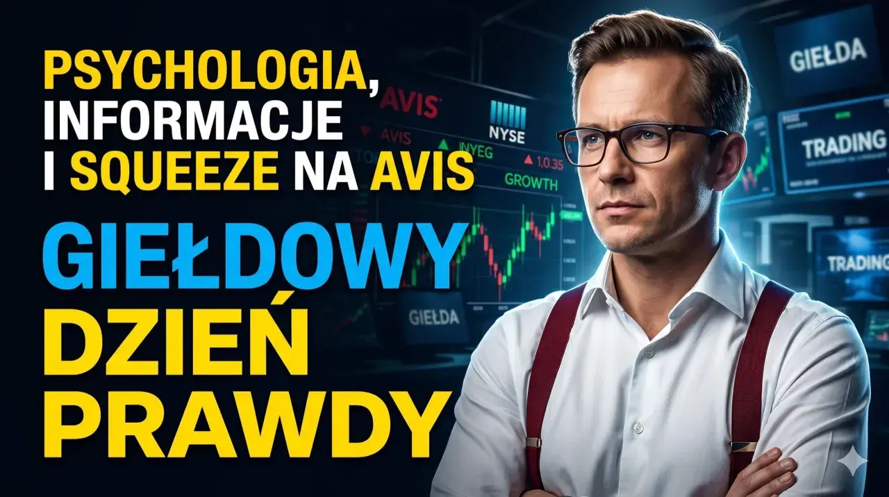 Mężczyzna w okularach na tle wykresów giełdowych. Temat: "Psychologia, informacje i squeeze na Avis. Giełdowy dzień prawdy". Gorące dyskusje giełda.