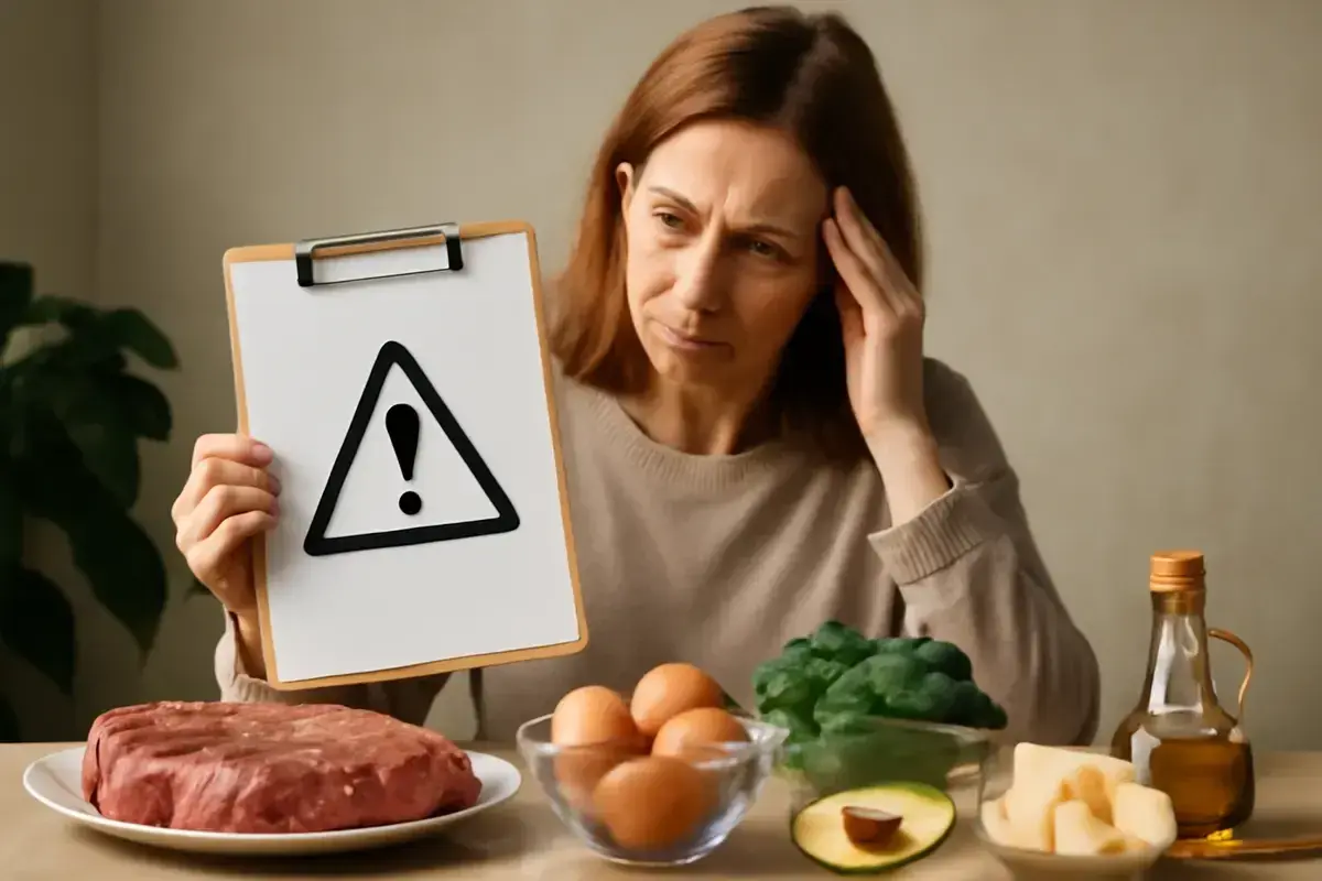 Donna preoccupata tiene un cartello con punto esclamativo, circondata da cibi. Forse è ora di non mangiare carne.