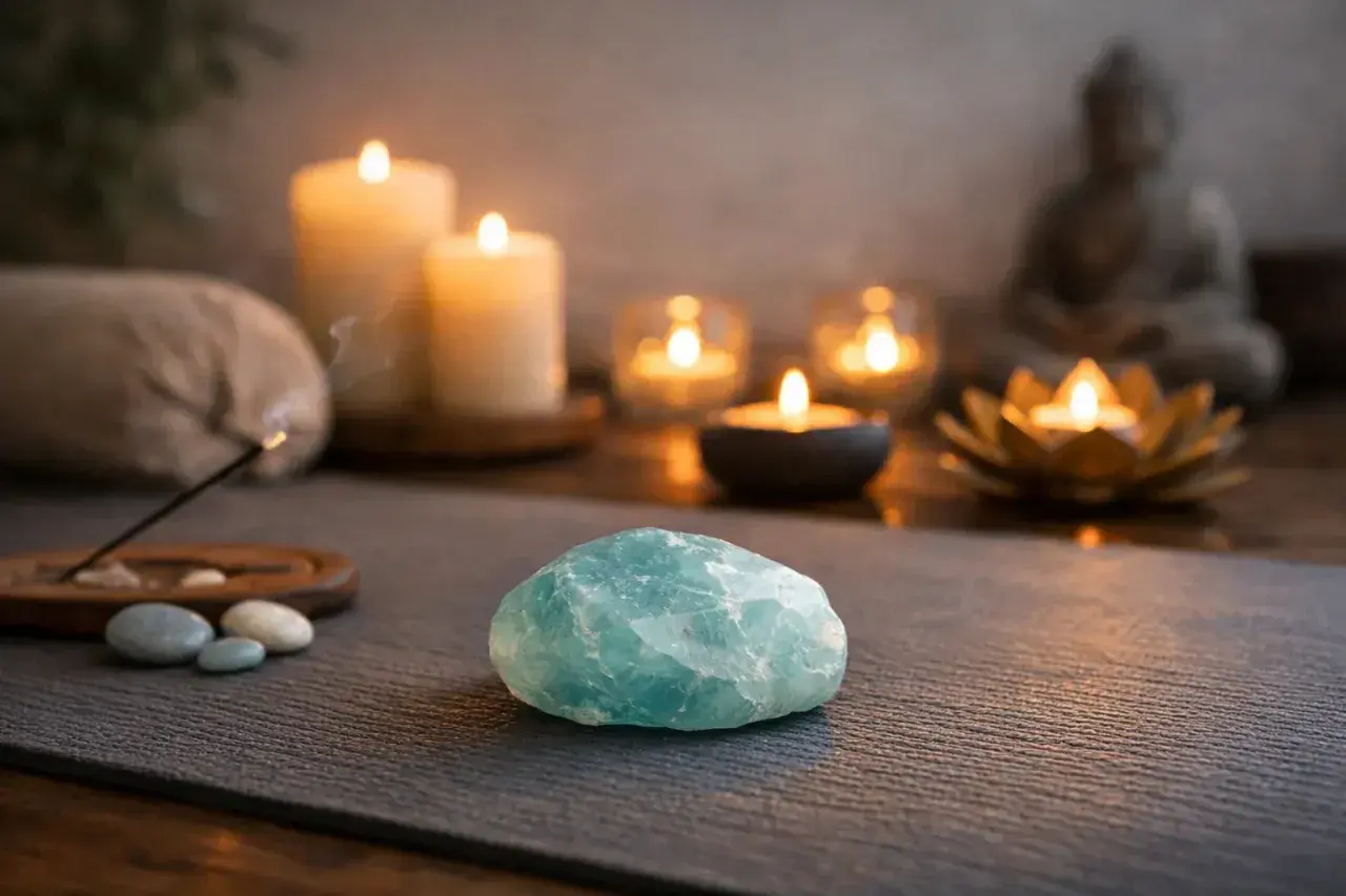 Piedra aguamarina, velas encendidas y figura de Buda. El significado espiritual de la piedra aguamarina se asocia con la calma y la comunicación.