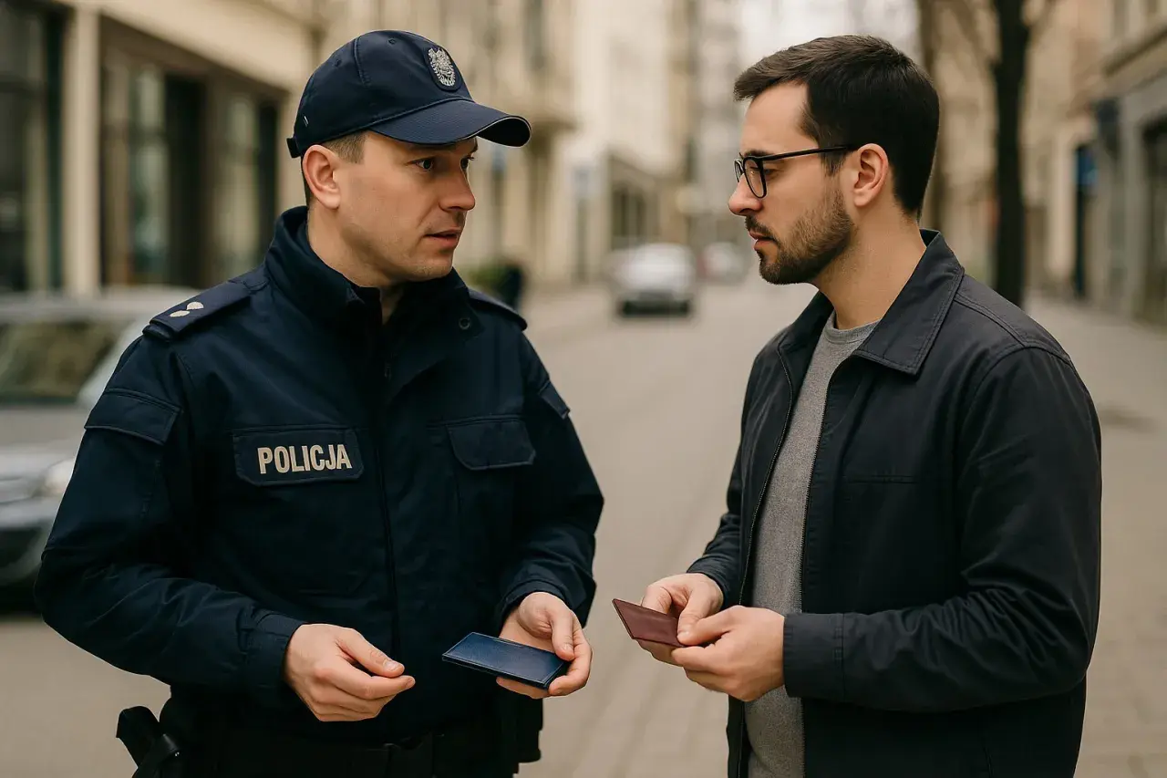 Policjant w mundurze z napisem "POLICJA" legitymuje mężczyznę, który podaje mu dokument. Podstawa prawna legitymowania jest kluczowa w tej sytuacji.