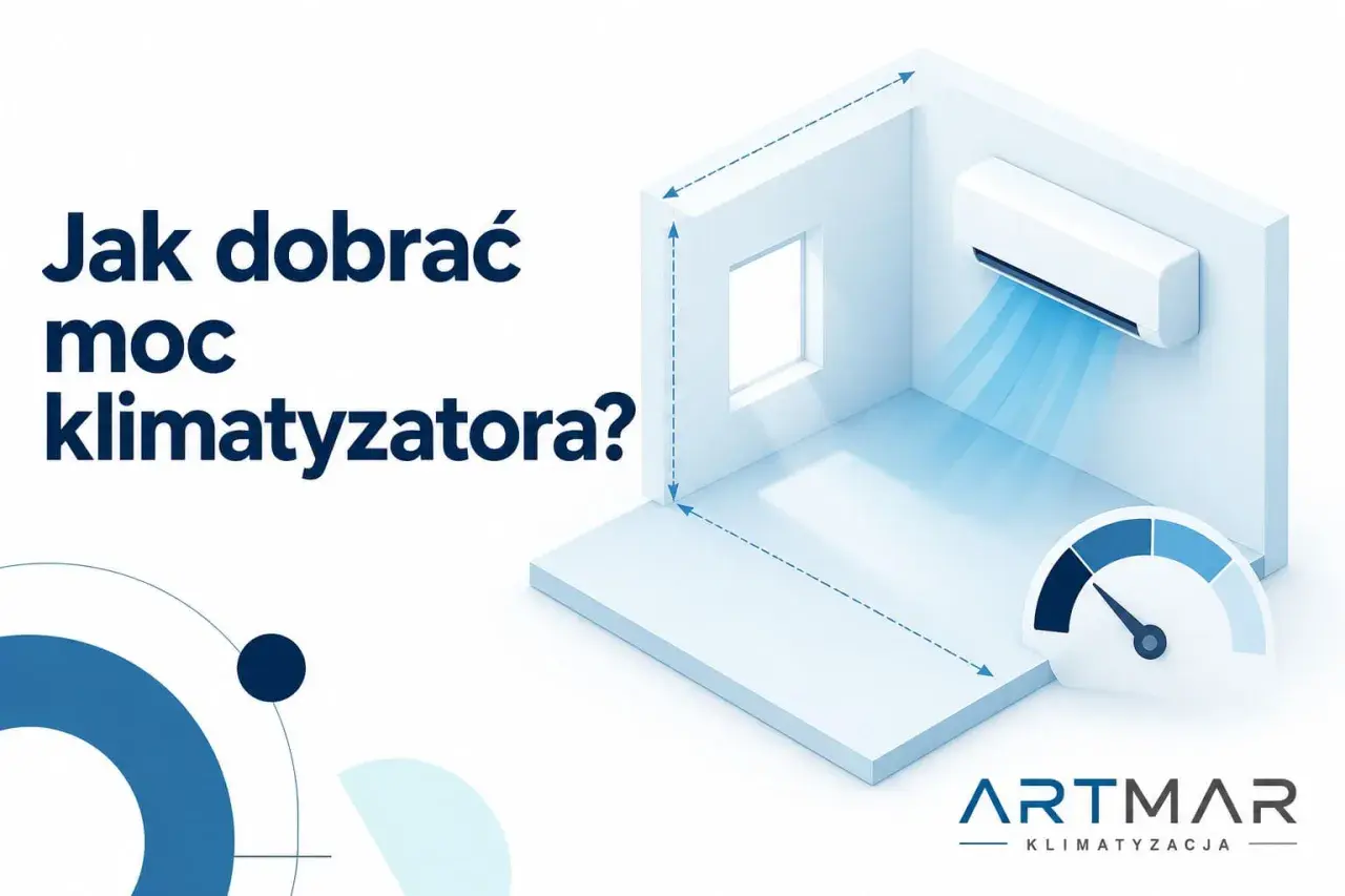 Jak dobrać moc klimatyzatora? Schemat pokazuje pomieszczenie z jednostką klimatyzacyjną i wskaźnik mocy.